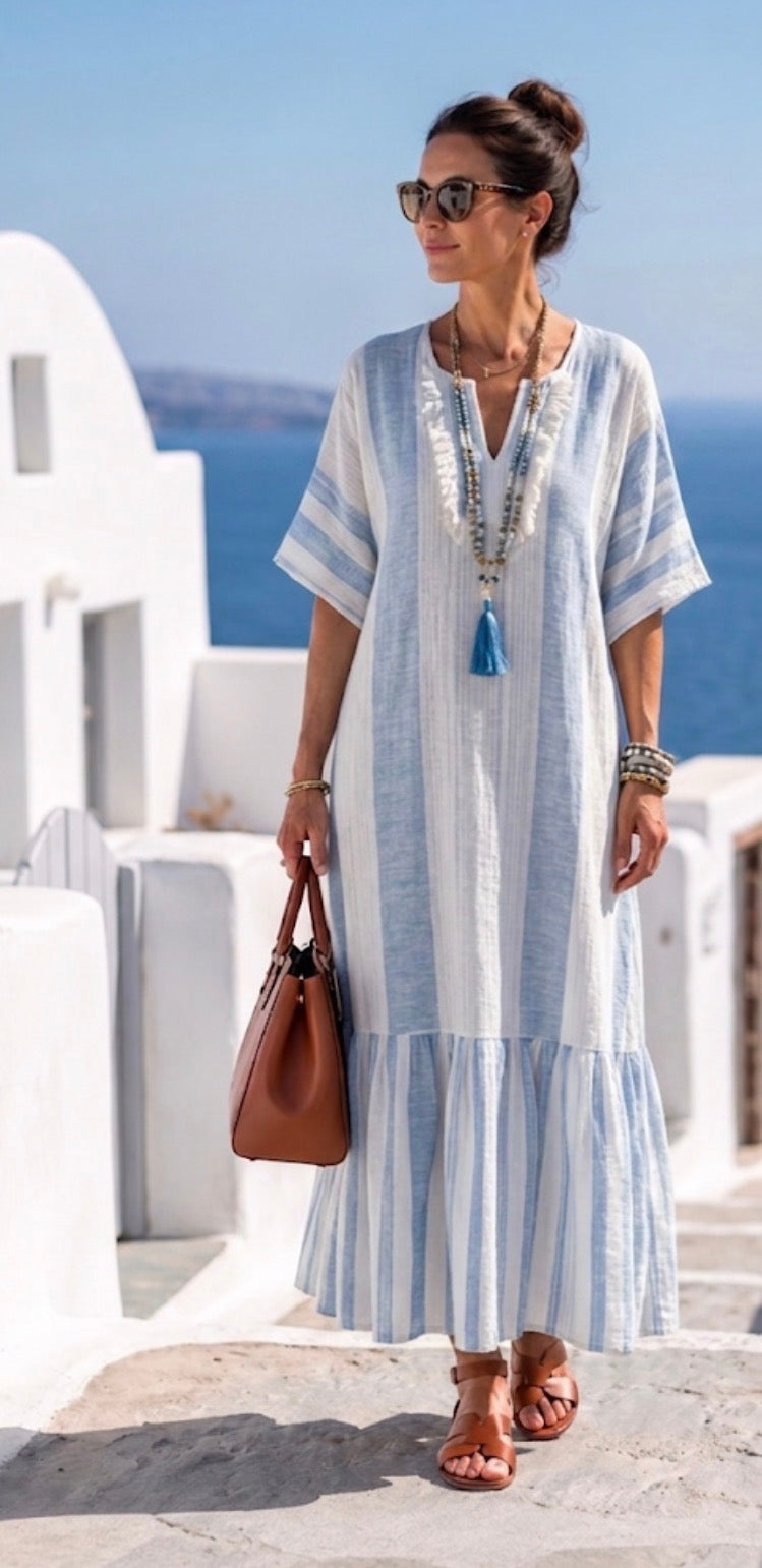 Ione | Striped Round Neck Short Sleeve Maxi Dress