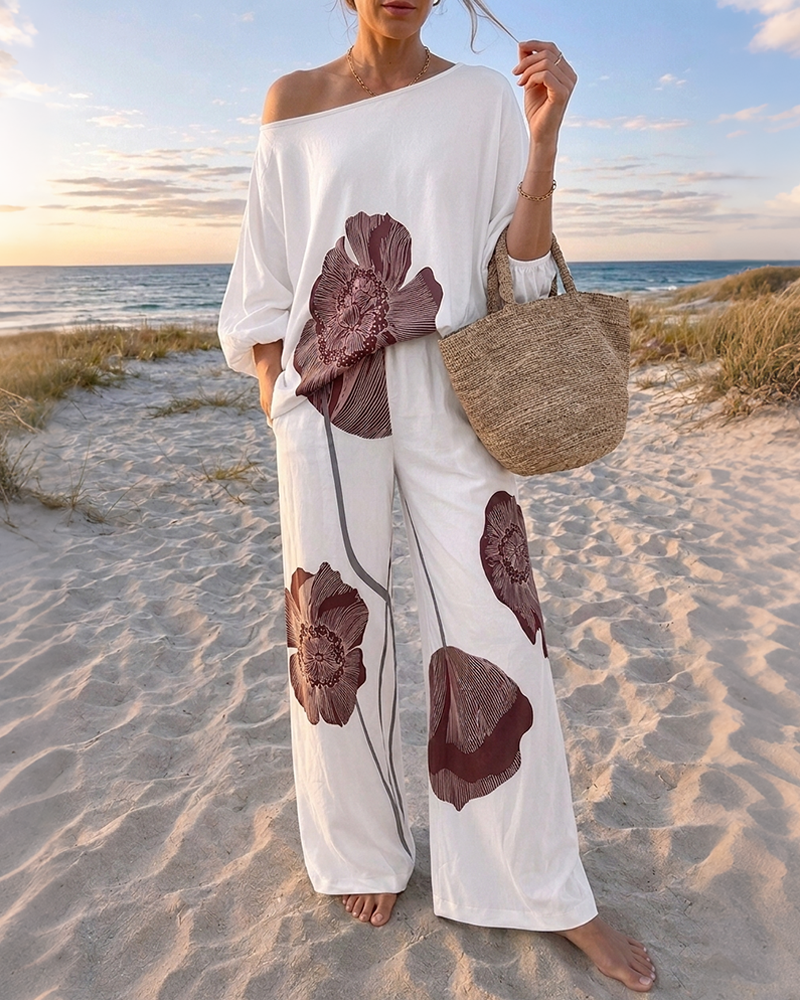 Women's Floral 2-Piece Satin Matching Set Skew Neck Batwing Sleeve Top and High Waisted Straight Leg Pants with Pockets