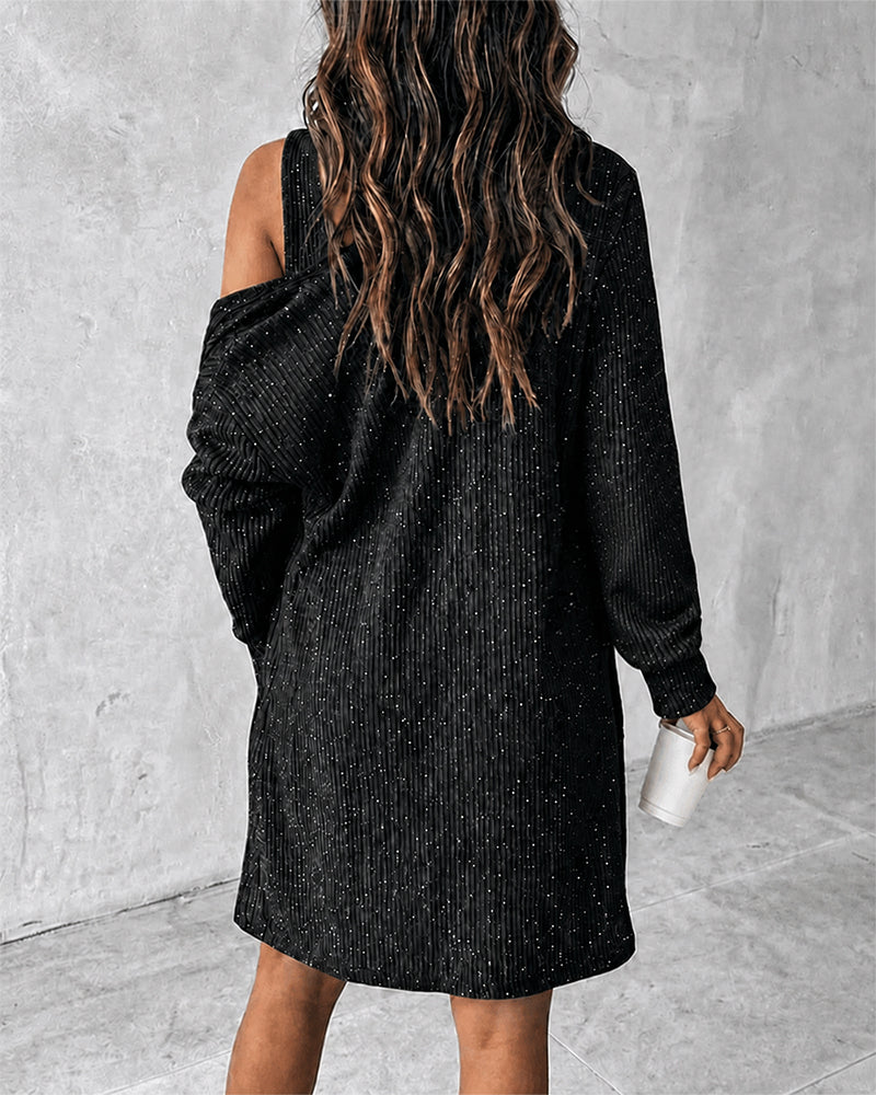2 Pieces Outfit U-Neck Half Button Front Slim Fit Mini Tank Dress and Long Sleeve Pockets Design Cardigan Casual Rhinestone Decor Textured Set
