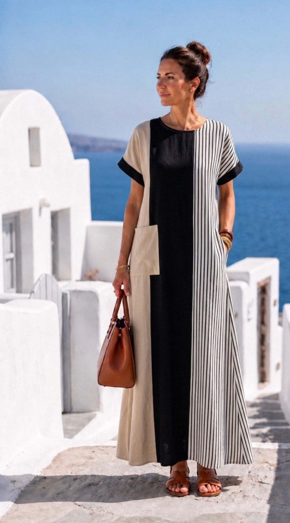Elara | Striped Round Neck Short Sleeve Maxi Dress
