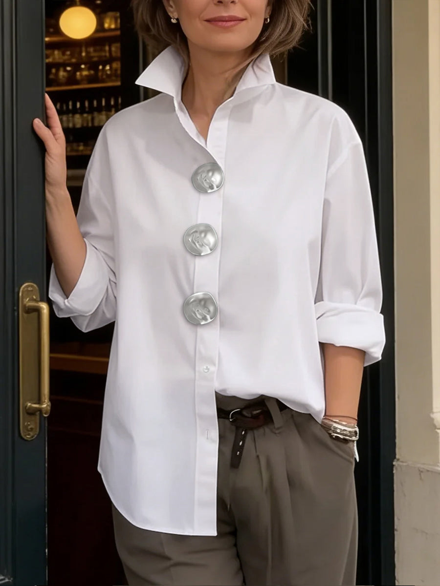Split-Joint Solid Color Buttoned Loose Long Sleeves Lapel Blouses&Shirts Tops