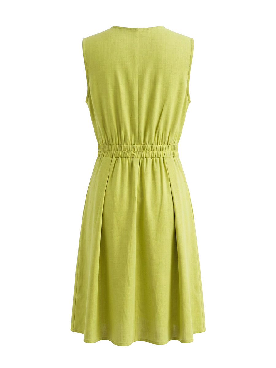 A-Line Sleeveless Pleated Pockets Solid Color Zipper Round-Neck Mini Dresses