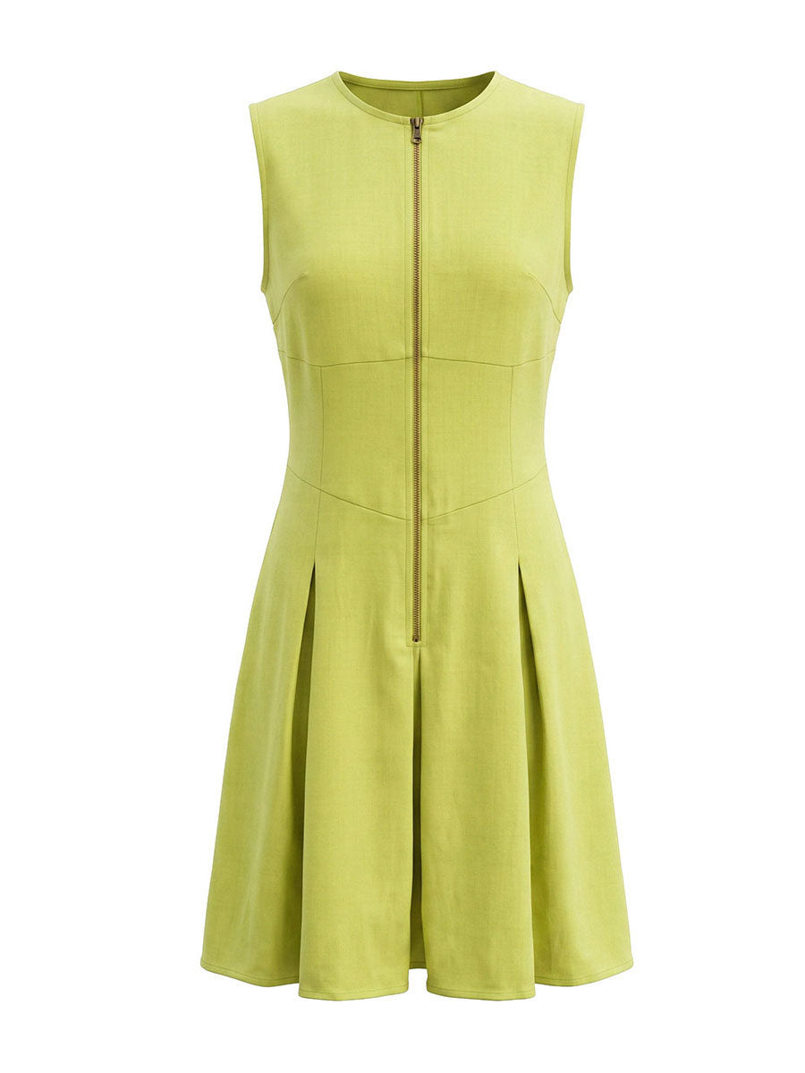 A-Line Sleeveless Pleated Pockets Solid Color Zipper Round-Neck Mini Dresses