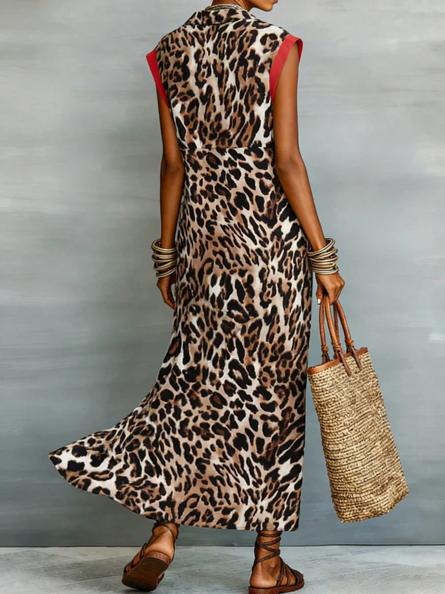 A-Line Loose Buttoned Contrast Color Leopard Split-Front Lapel Maxi Dresses Shirt Dress