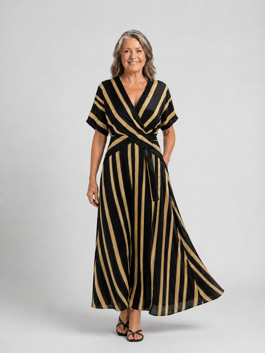 Lina | Striped Wrap Midi Dress with Short Sleeve and V-Neck