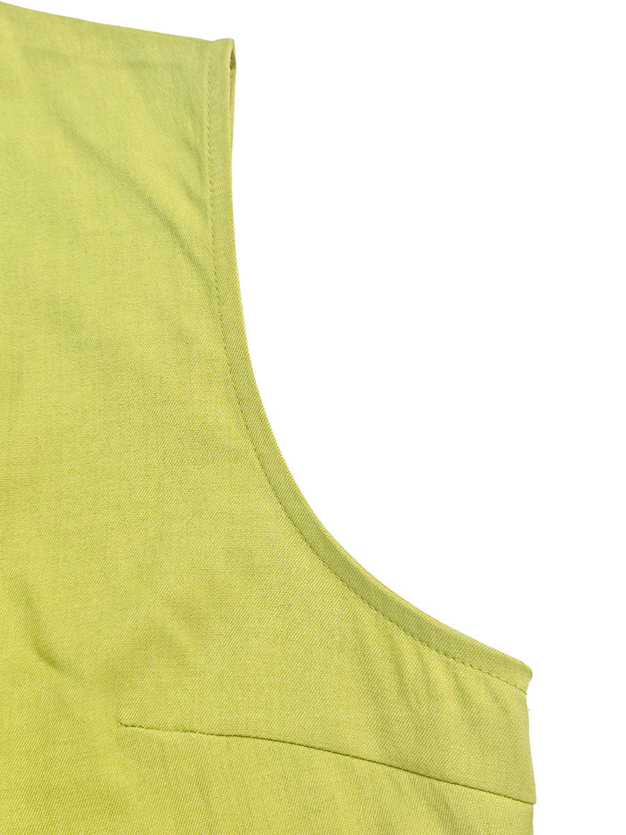 A-Line Sleeveless Pleated Pockets Solid Color Zipper Round-Neck Mini Dresses