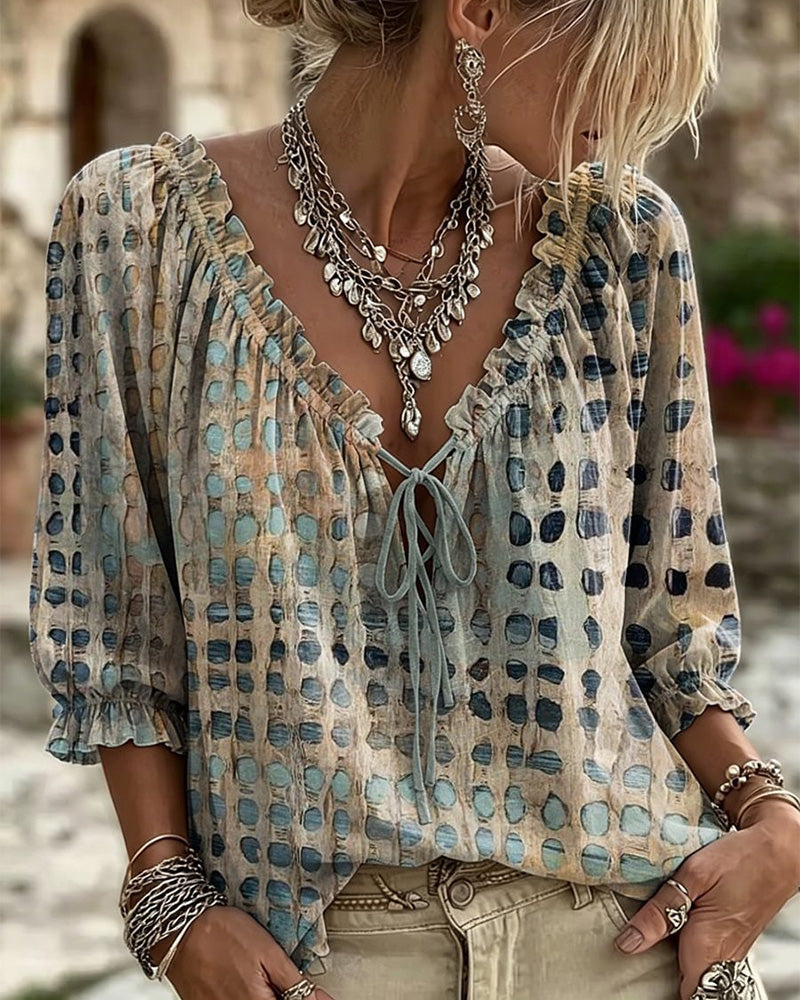 Lena | Polka Dot Blouse with Lace-Up Detail