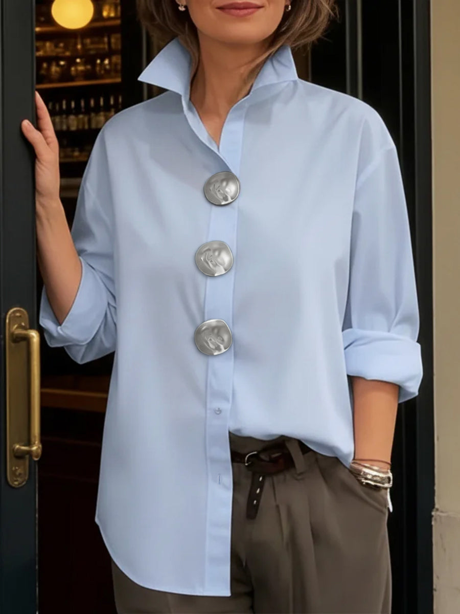 Split-Joint Solid Color Buttoned Loose Long Sleeves Lapel Blouses&Shirts Tops