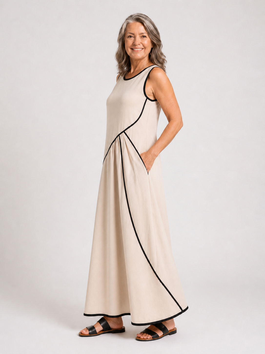 Soleia | Sleeveless Draped Maxi Dress with Round Neck