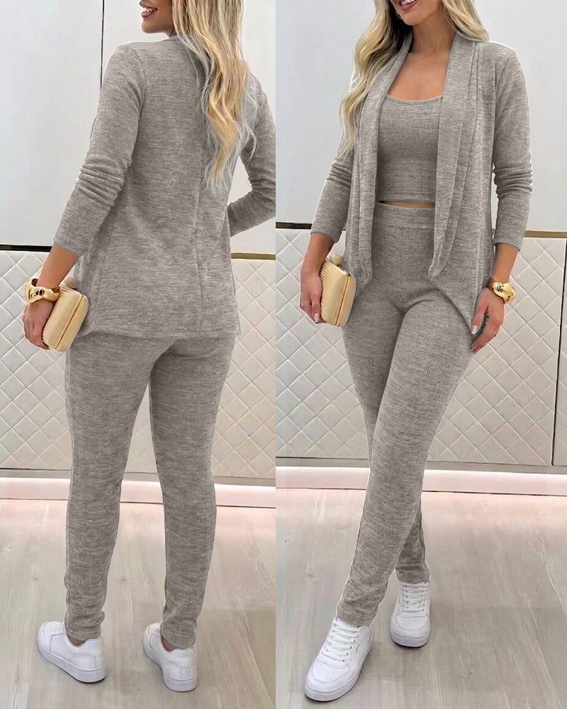 Women's 3-Piece Knit Set Shawl Collar Cardigan with Crop Tank and High Waisted Slim Fit Pants Casual Loungewear
