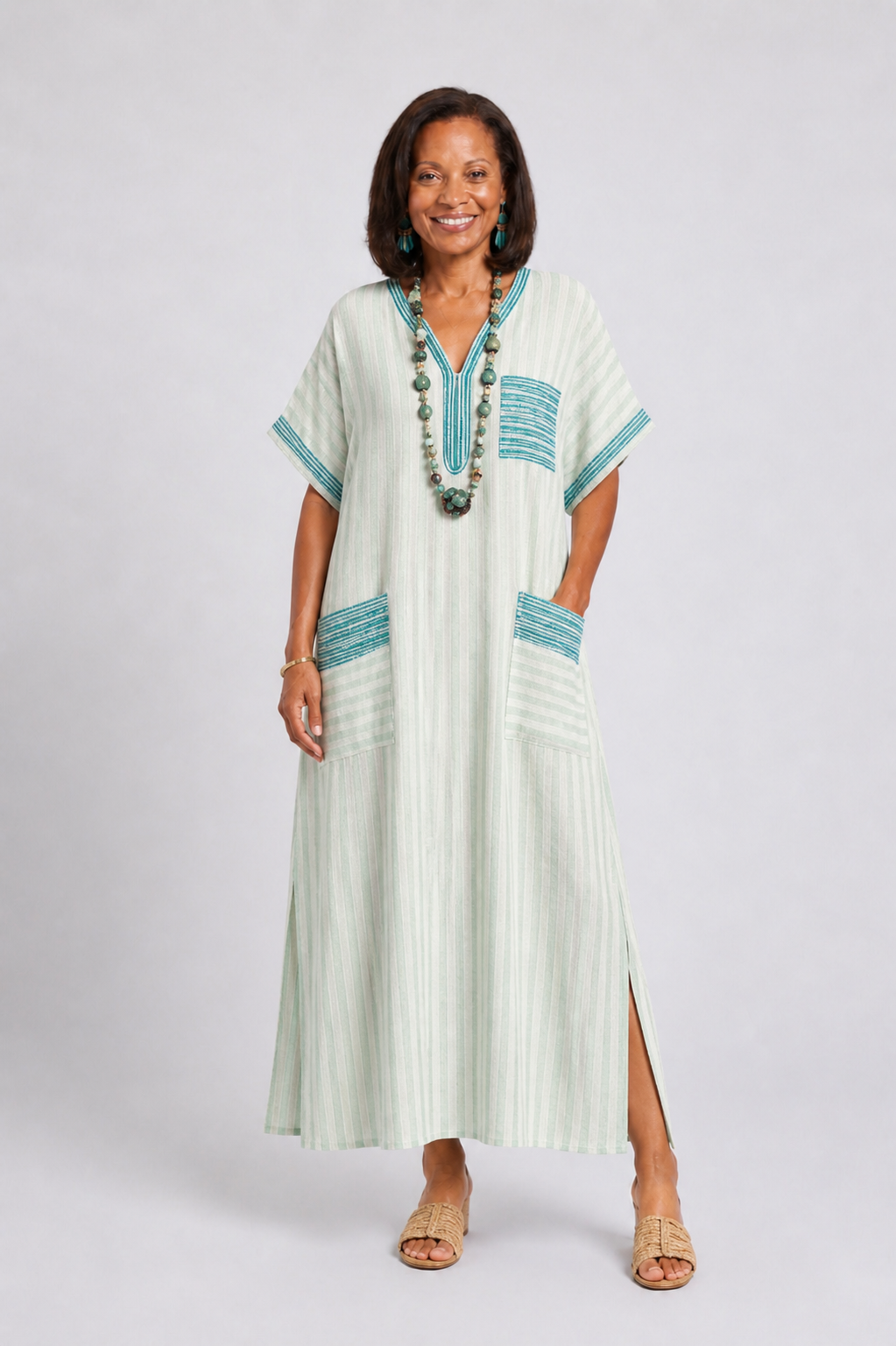 Velis | Striped V-Neck Midi Dress with Pockets