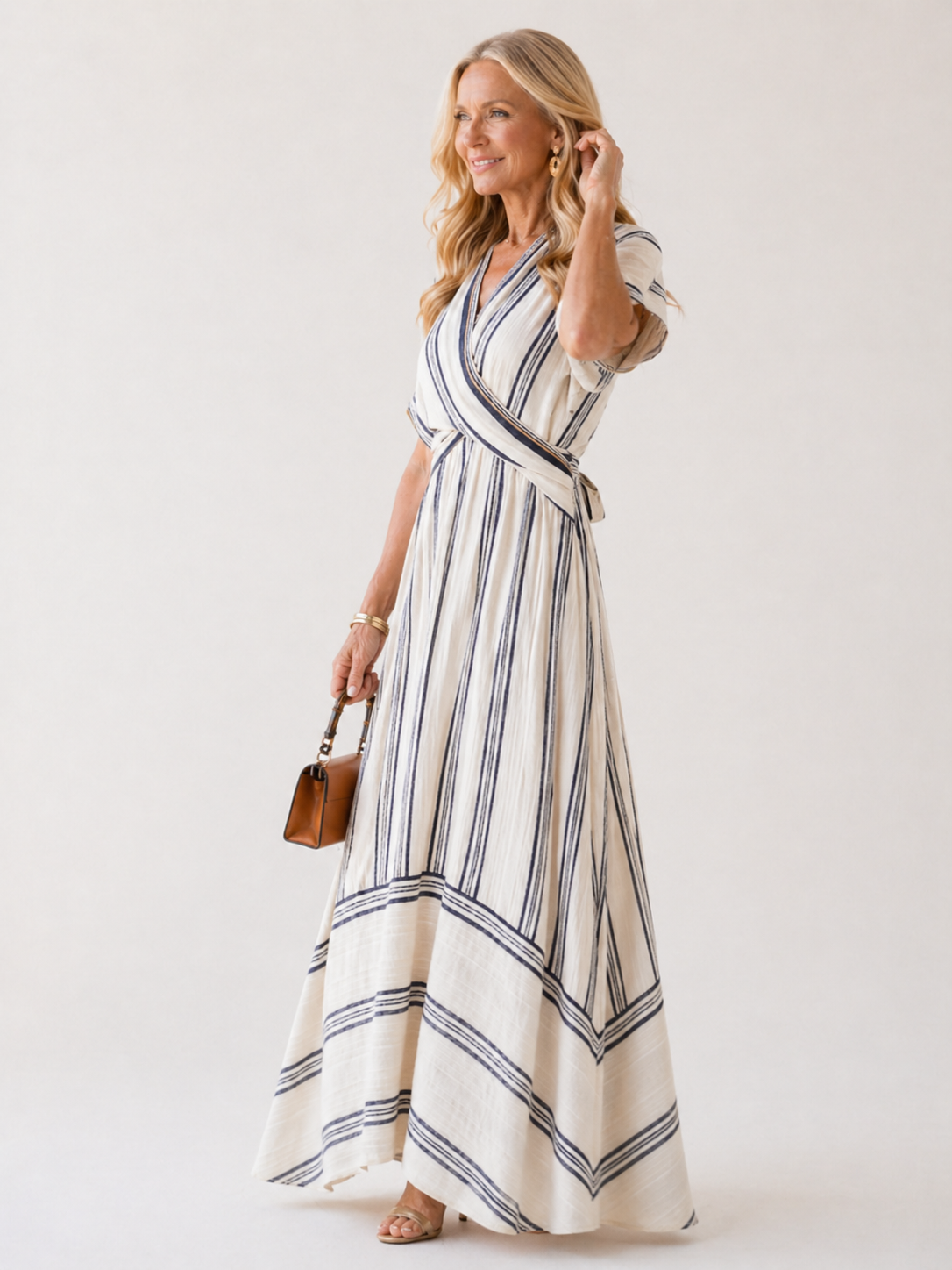 Thalassa | Wrap V-Neck Midi Dress with Short Sleeve