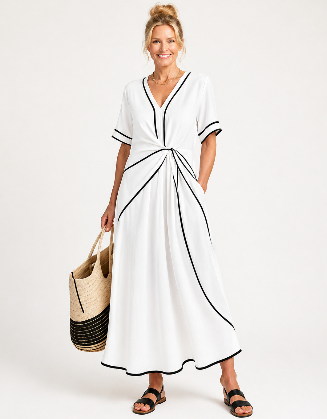 Linnea | Short Sleeve V-Neck Midi Dress with Gathered Waist