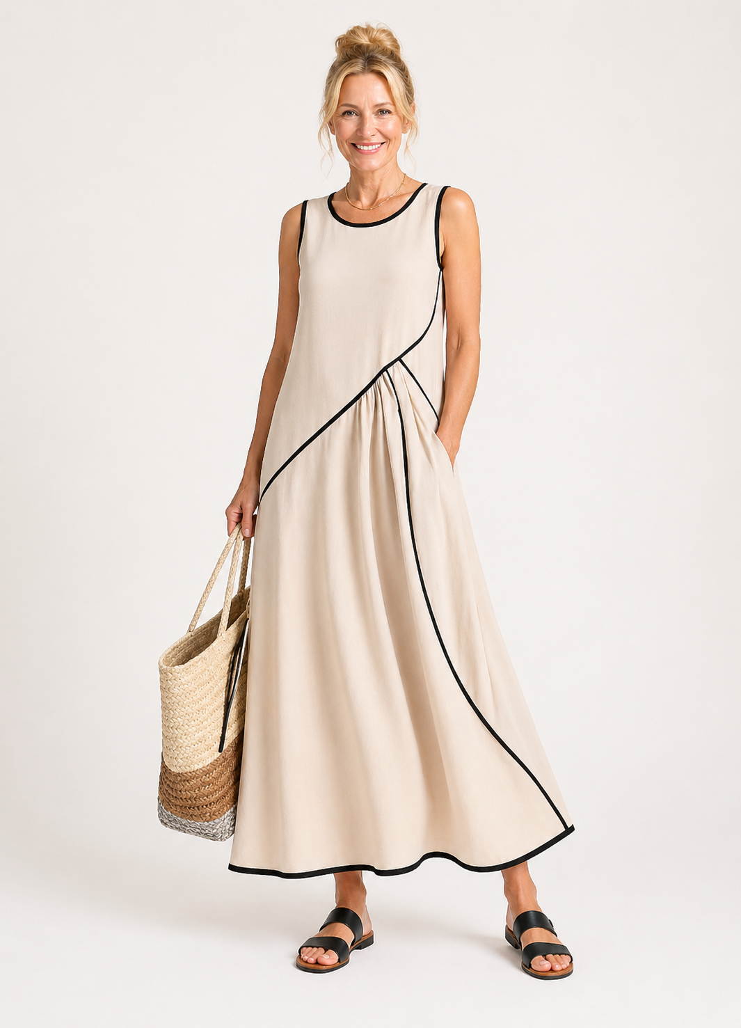 Soleia | Sleeveless Draped Maxi Dress with Round Neck