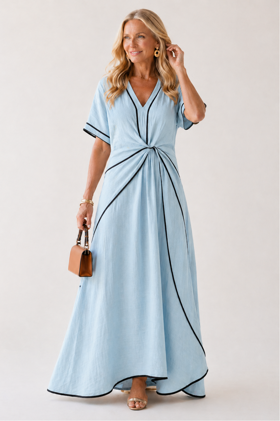 Linnea | Short Sleeve V-Neck Midi Dress with Gathered Waist