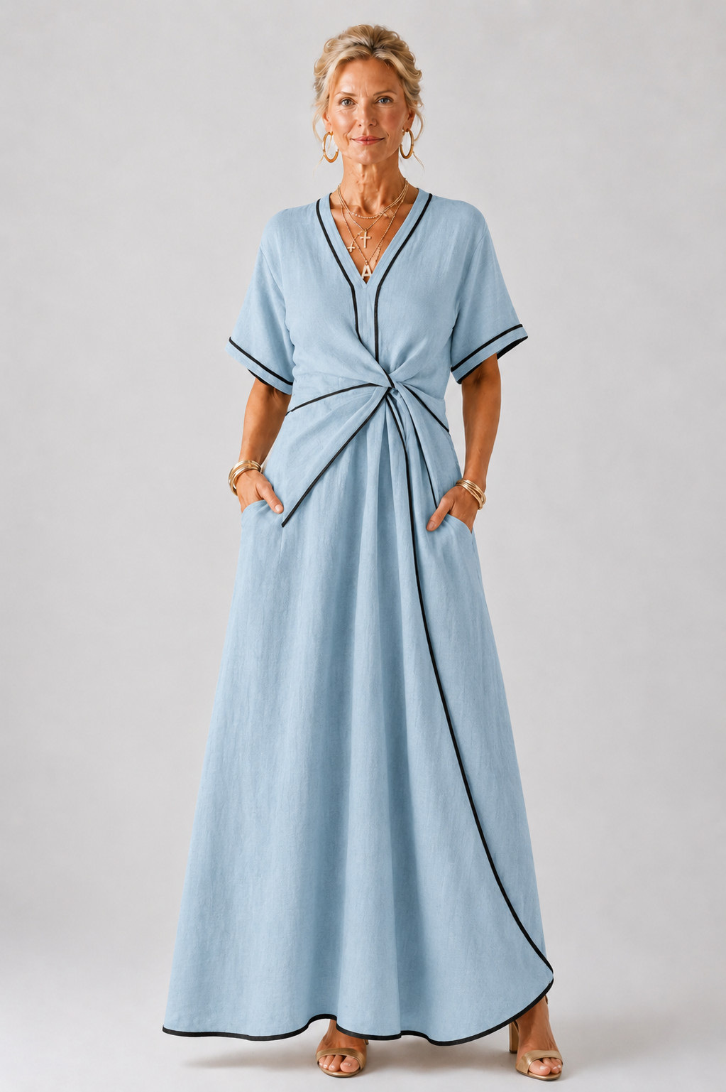 Linnea | Short Sleeve V-Neck Midi Dress with Gathered Waist
