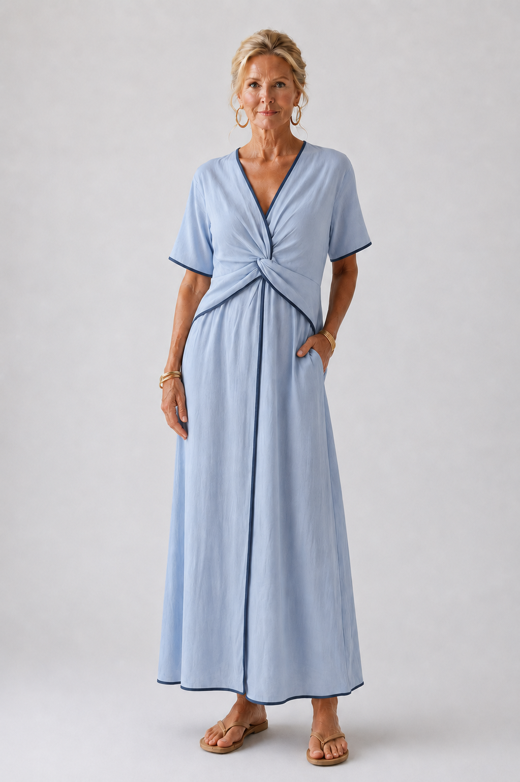 Eirene | Short Sleeve V-Neck Midi Dress with Front Knot