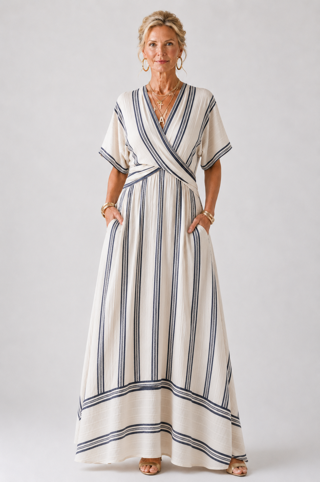 Thalassa | Wrap V-Neck Midi Dress with Short Sleeve