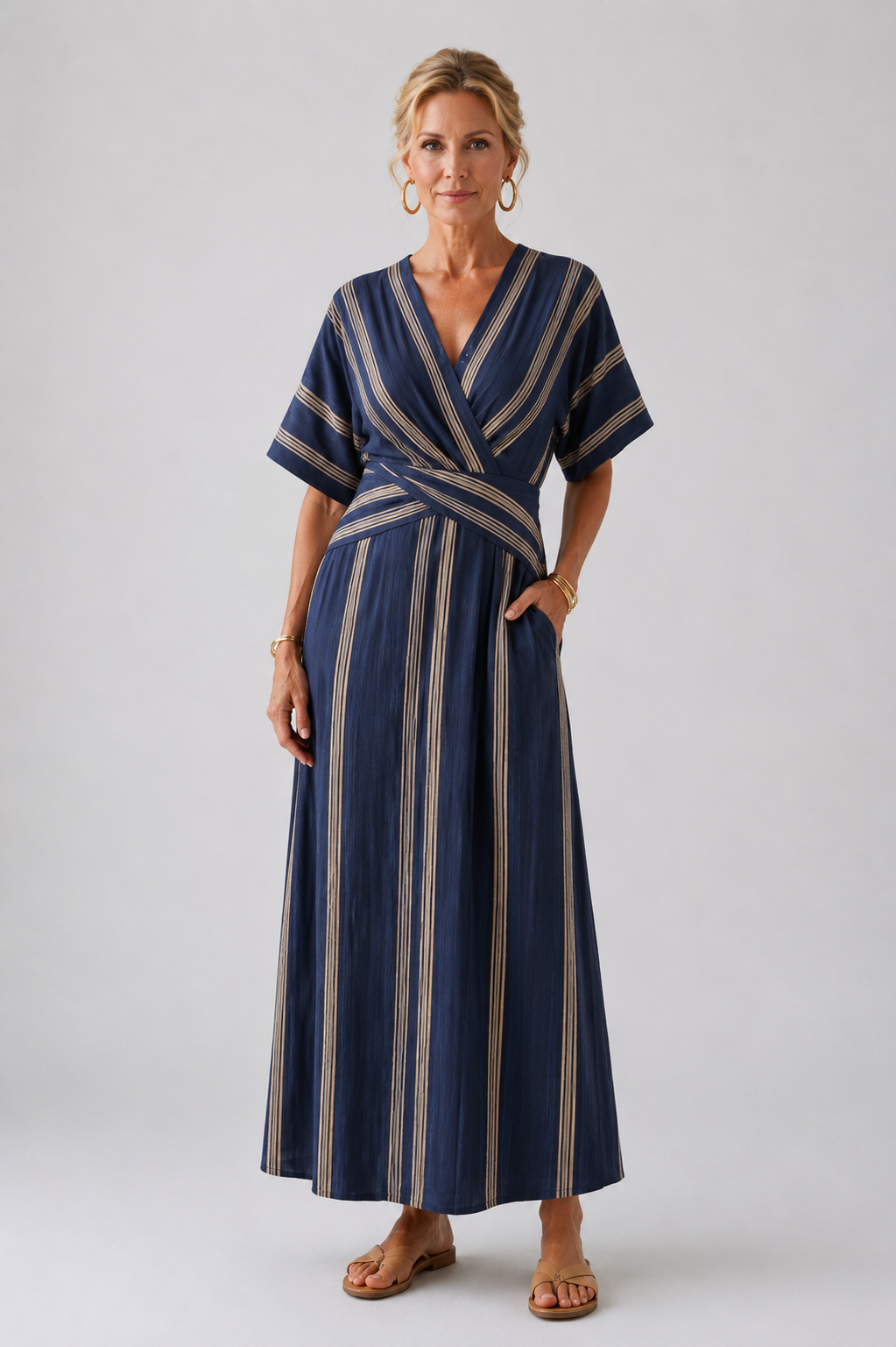 Saphira | Striped V-Neck Midi Dress with Short Sleeve