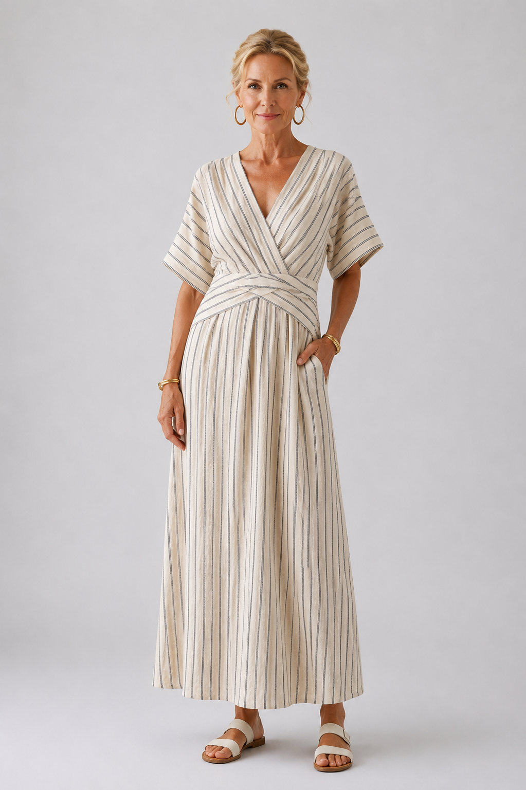 Cressida | Short Sleeve V-Neck Midi Dress with Crossed Waist