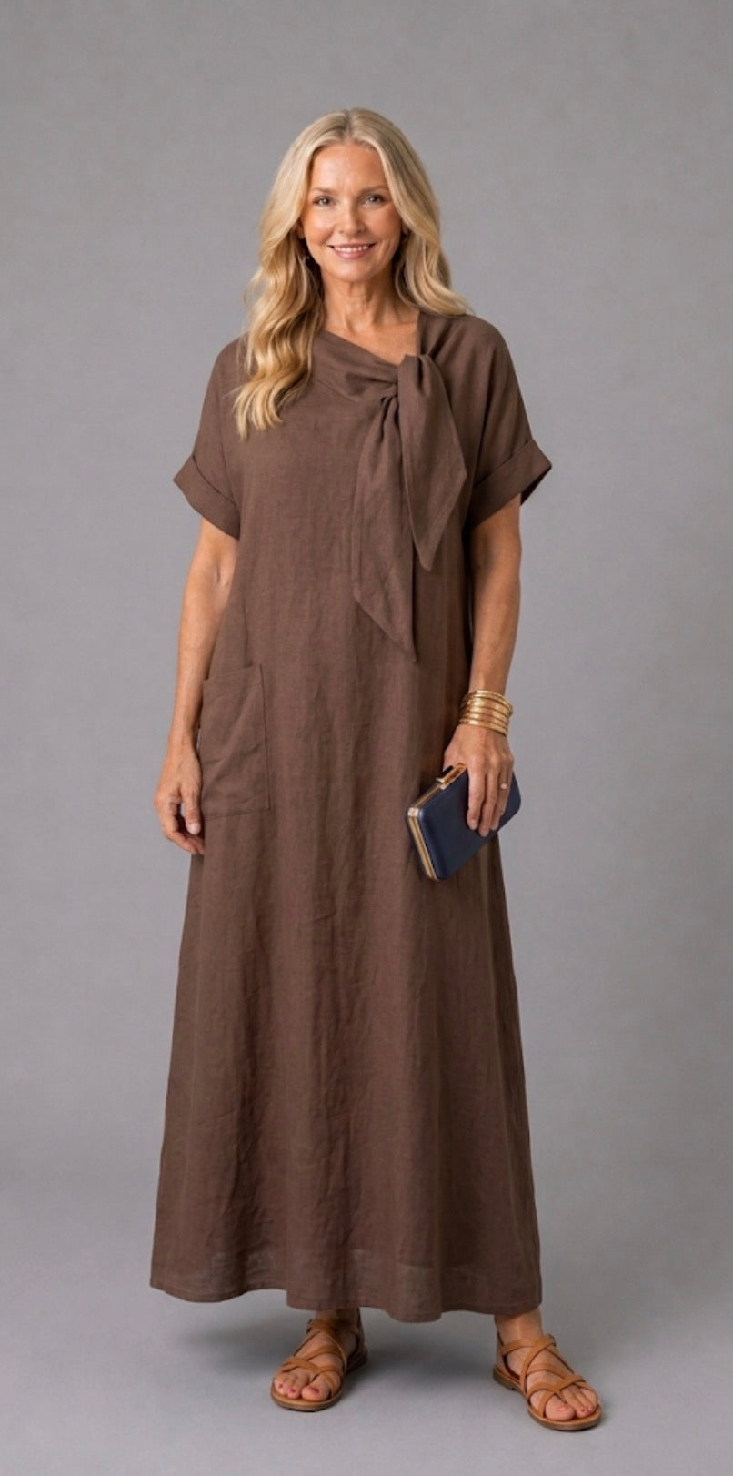 Tivara | Short Sleeve Midi Dress with Bow Neck