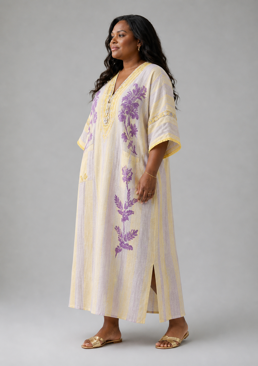 Aurelia | Short Sleeve V-Neck Striped Floral Maxi Dress