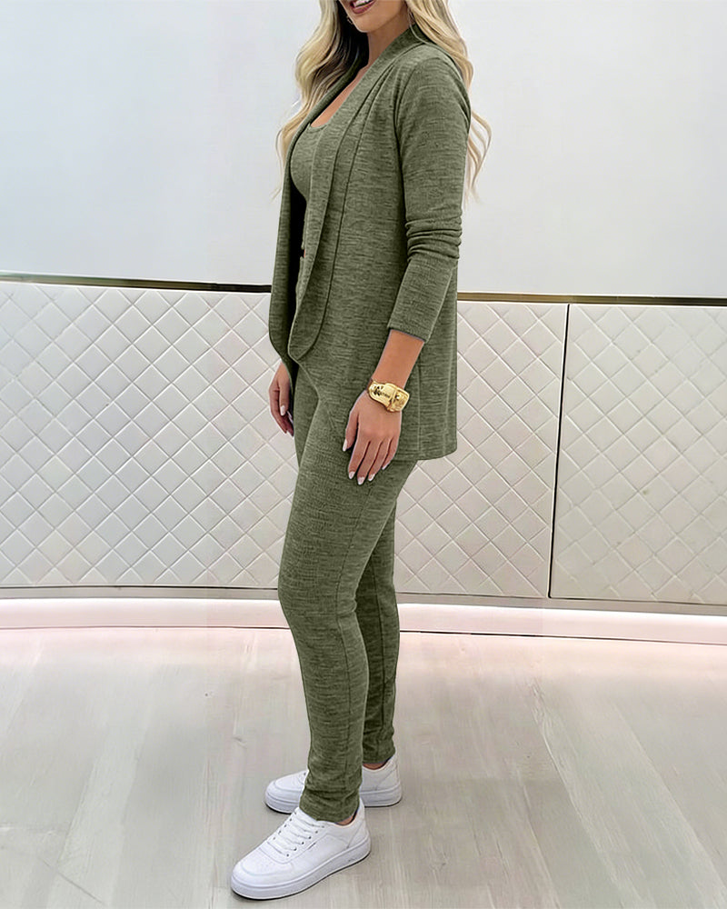 Women's 3-Piece Knit Set Shawl Collar Cardigan with Crop Tank and High Waisted Slim Fit Pants Casual Loungewear
