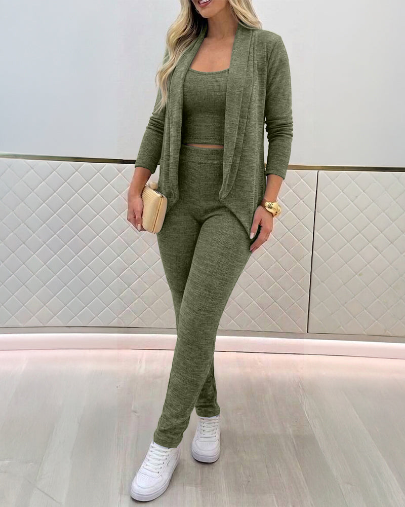 Women's 3-Piece Knit Set Shawl Collar Cardigan with Crop Tank and High Waisted Slim Fit Pants Casual Loungewear