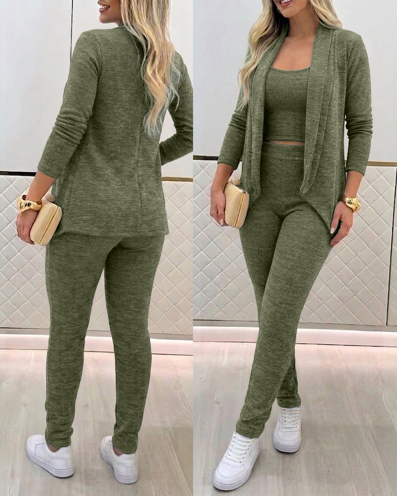 Women's 3-Piece Knit Set Shawl Collar Cardigan with Crop Tank and High Waisted Slim Fit Pants Casual Loungewear
