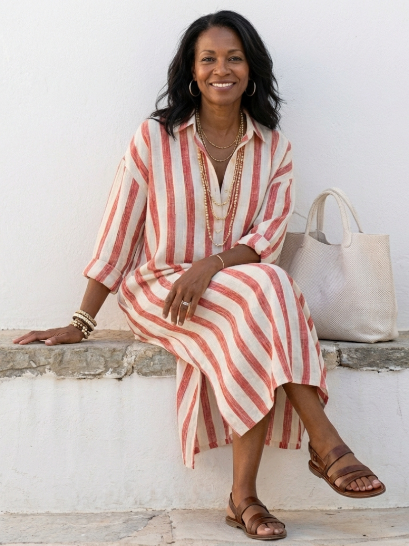 Naomi | Striped Long Sleeve Midi Shirt Dress