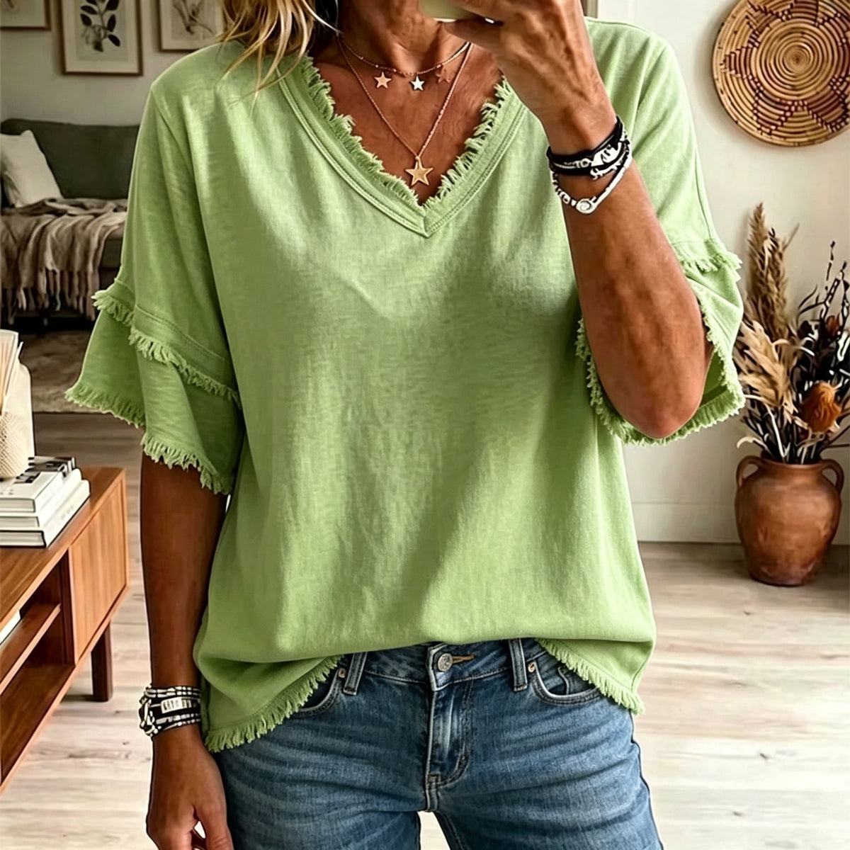 Isla | Casual Short-sleeve Raw-hem Linen-blend Top