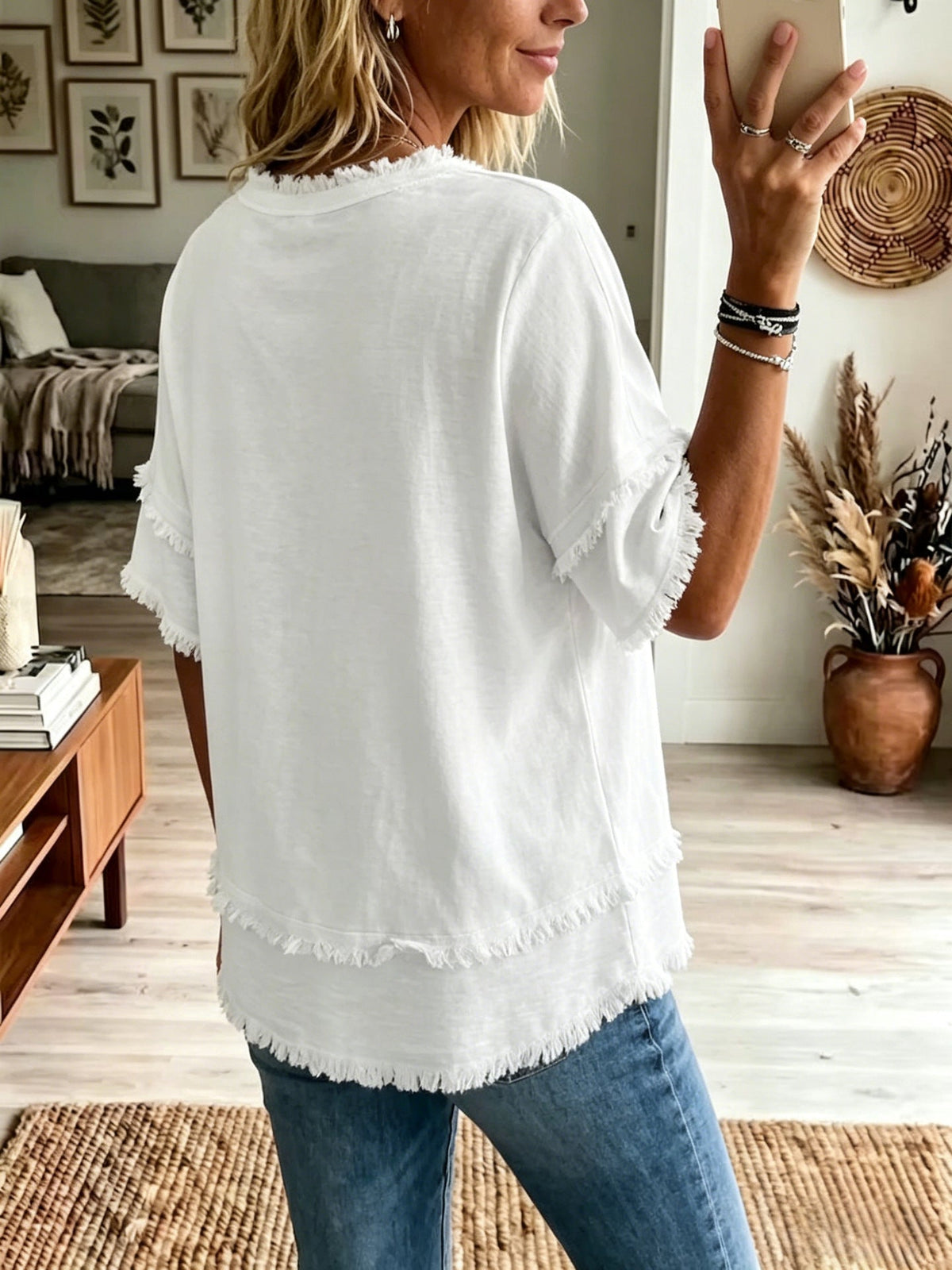 Isla | Casual Short-sleeve Raw-hem Linen-blend Top