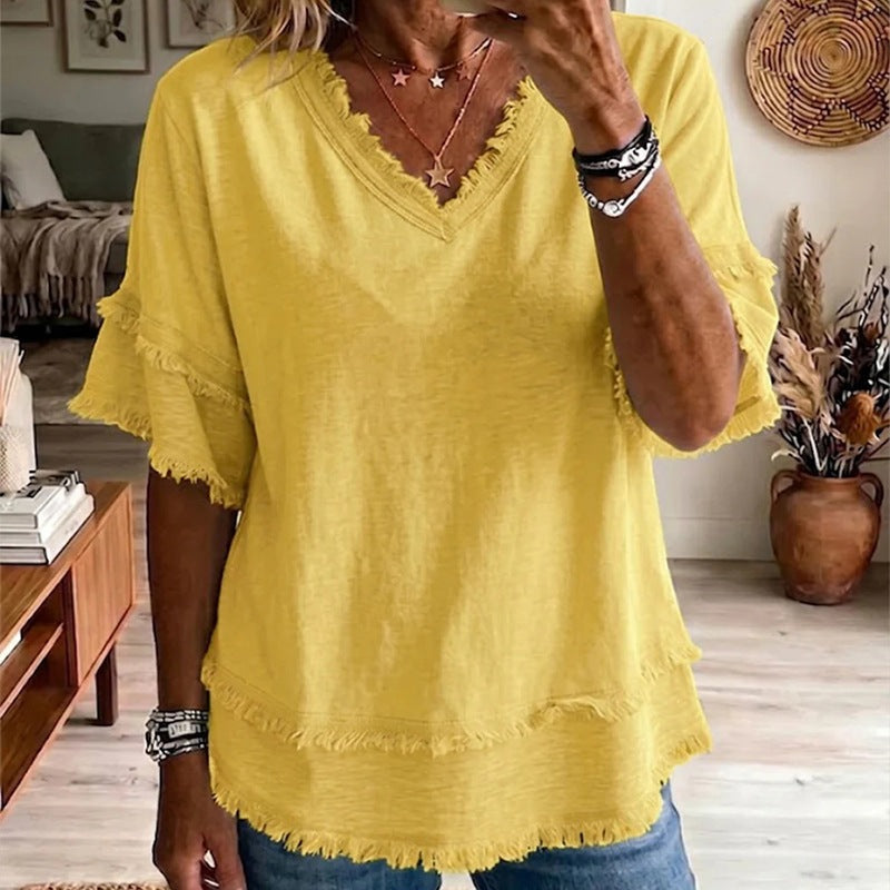Isla | Casual Short-sleeve Raw-hem Linen-blend Top