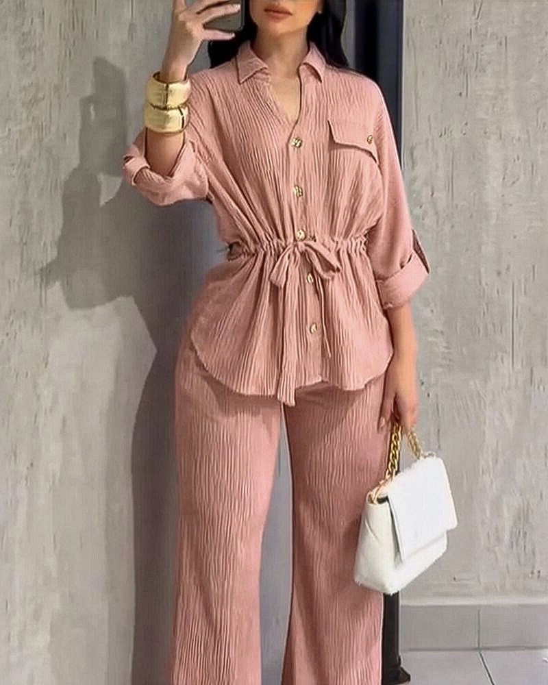 2 Pieces Outfit Vintage Turn-down Collar Roll Up Sleeve Button Front Flap Pocket Design Waist Drawstring Top and Elastic Waist Wide Leg Pants Set Casual Textured Commuting Set