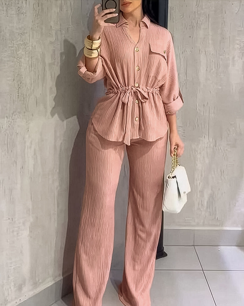 2 Pieces Outfit Vintage Turn-down Collar Roll Up Sleeve Button Front Flap Pocket Design Waist Drawstring Top and Elastic Waist Wide Leg Pants Set Casual Textured Commuting Set