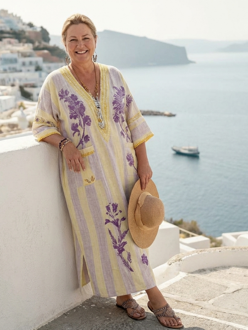 Aurelia | Short Sleeve V-Neck Striped Floral Maxi Dress