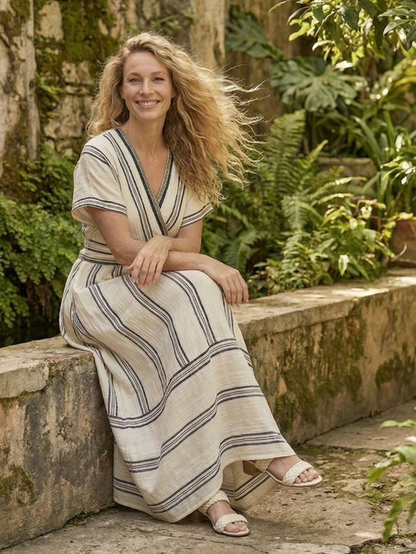 Thalassa | Wrap V-Neck Midi Dress with Short Sleeve