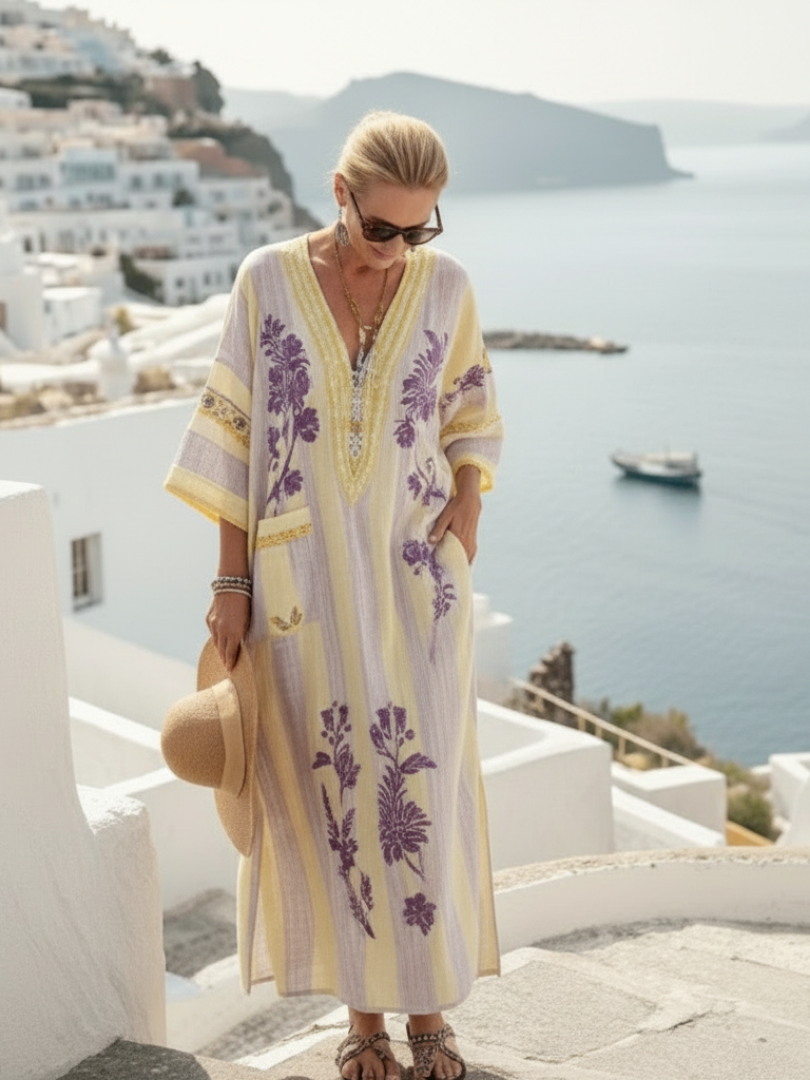 Aurelia | Short Sleeve V-Neck Striped Floral Maxi Dress