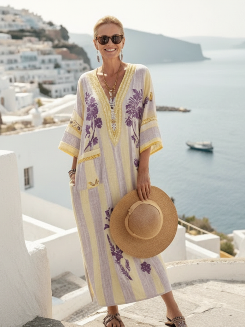 Aurelia | Short Sleeve V-Neck Striped Floral Maxi Dress