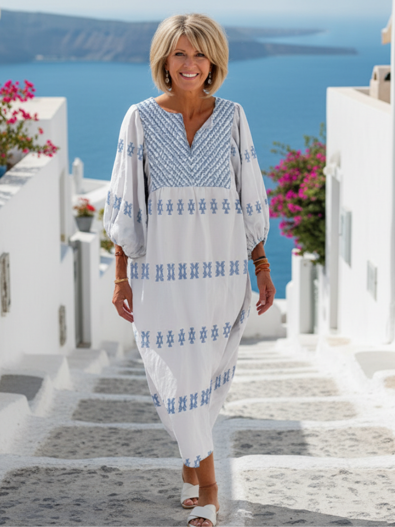 Evadne | Embroidered Long Sleeve V-Neck Maxi Dress