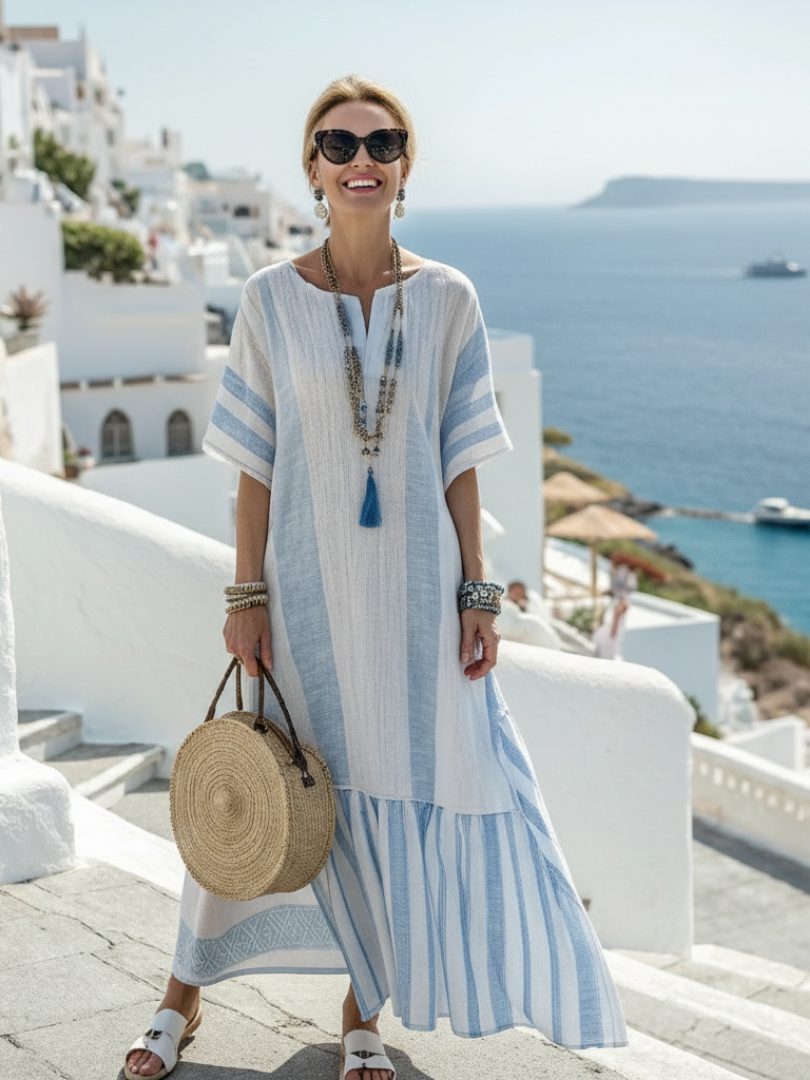 Ione | Striped Round Neck Short Sleeve Maxi Dress