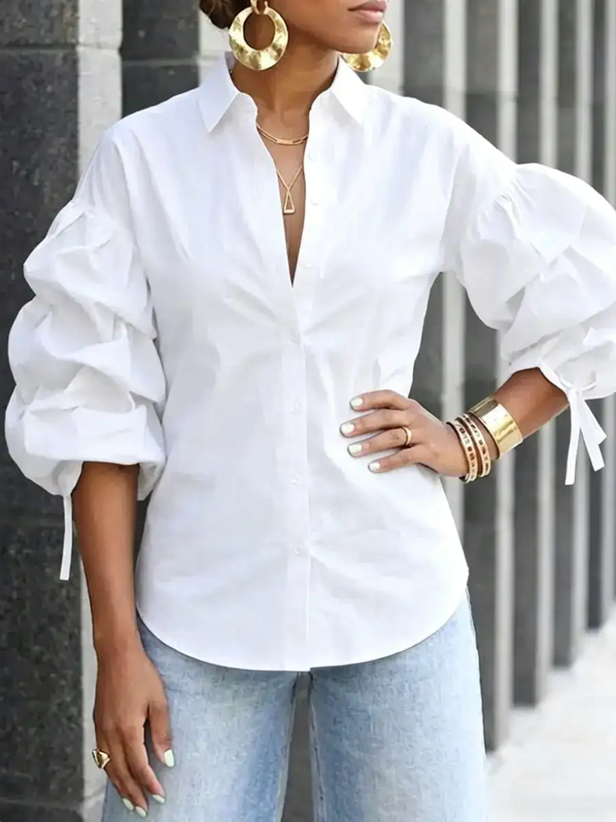 Loose Puff Sleeves Buttoned Solid Color Tied Lapel Blouses&Shirts Tops