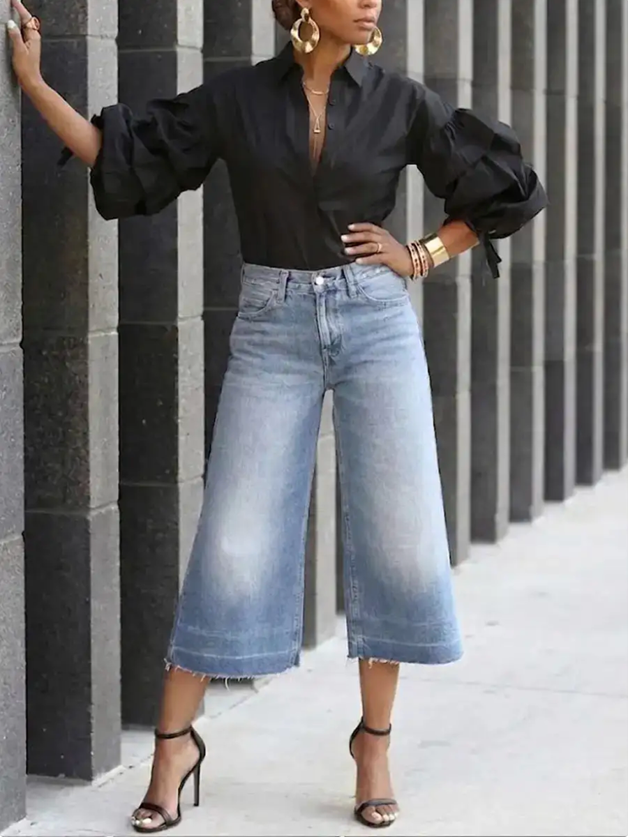 Loose Puff Sleeves Buttoned Solid Color Tied Lapel Blouses&Shirts Tops