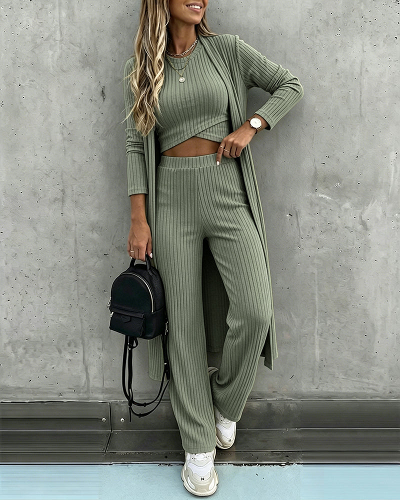 Women's 3 Piece Knit Set Long Cardigan Criss Cross Crop Tank Top and Wide Leg Pants Casual Ribbed Brushed Lounge Set