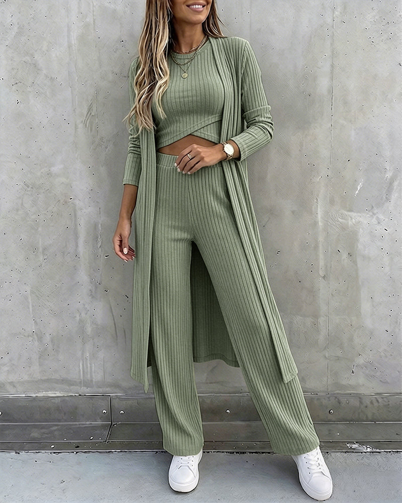 Women's 3 Piece Knit Set Long Cardigan Criss Cross Crop Tank Top and Wide Leg Pants Casual Ribbed Brushed Lounge Set