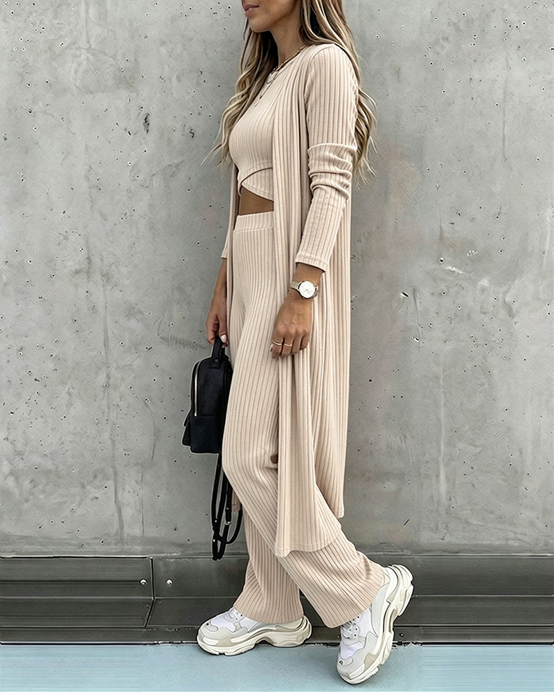 Women's 3 Piece Knit Set Long Cardigan Criss Cross Crop Tank Top and Wide Leg Pants Casual Ribbed Brushed Lounge Set