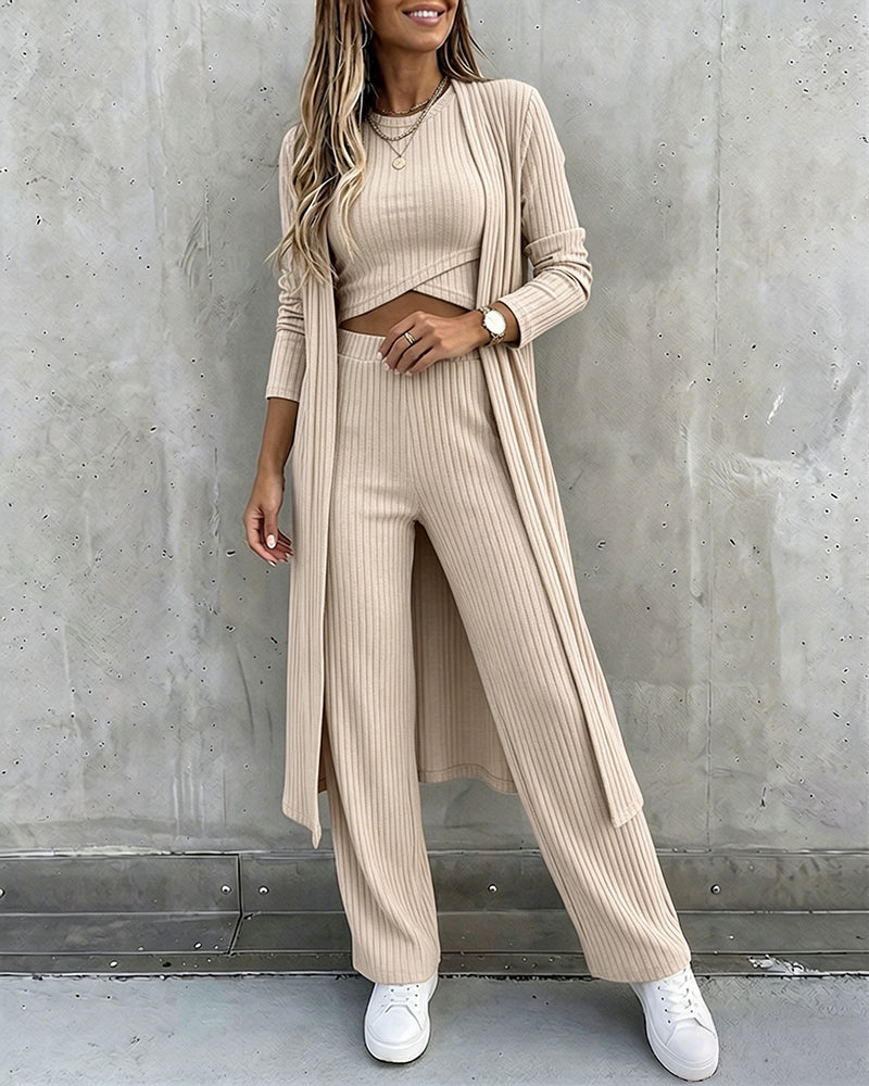 Women's 3 Piece Knit Set Long Cardigan Criss Cross Crop Tank Top and Wide Leg Pants Casual Ribbed Brushed Lounge Set