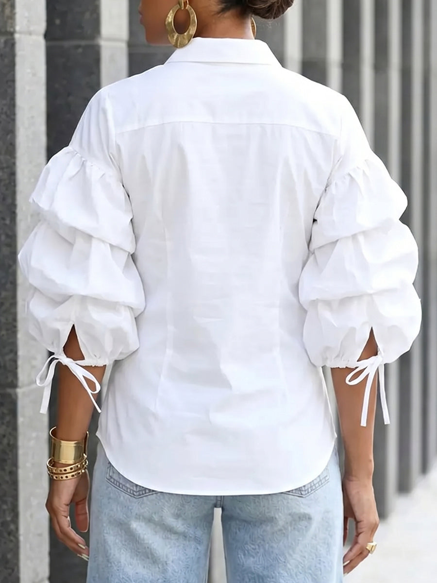 Loose Puff Sleeves Buttoned Solid Color Tied Lapel Blouses&Shirts Tops