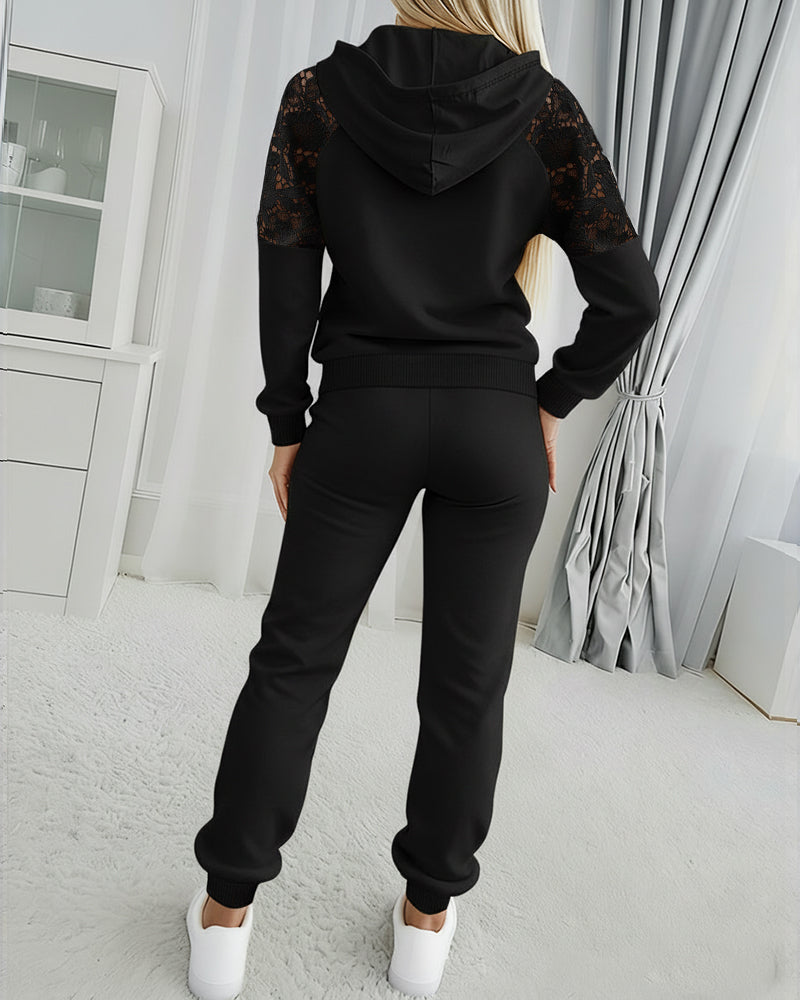 2 Pieces Outfit Guipure Lace Spliced Kangaroo Pocket Drawstring Hoodie Sweatshirt and Drawstring Elastic Waist Jogger Sweatpants Set