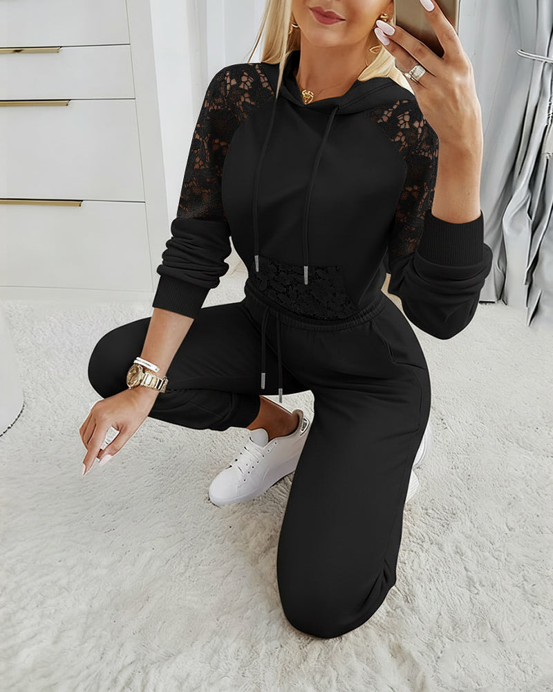 2 Pieces Outfit Guipure Lace Spliced Kangaroo Pocket Drawstring Hoodie Sweatshirt and Drawstring Elastic Waist Jogger Sweatpants Set